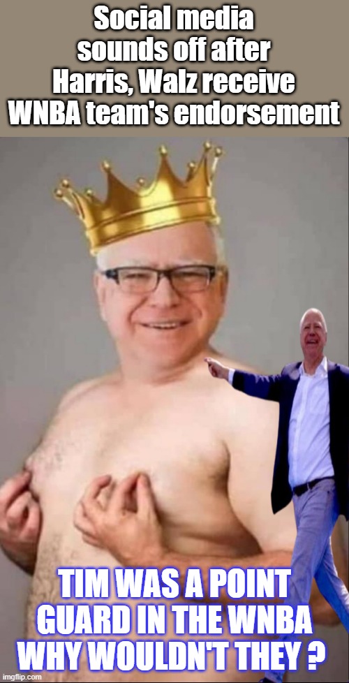 Among his other great accomplishments | Social media sounds off after Harris, Walz receive WNBA team's endorsement; TIM WAS A POINT GUARD IN THE WNBA WHY WOULDN'T THEY ? | image tagged in tim walz is a pretty girl | made w/ Imgflip meme maker