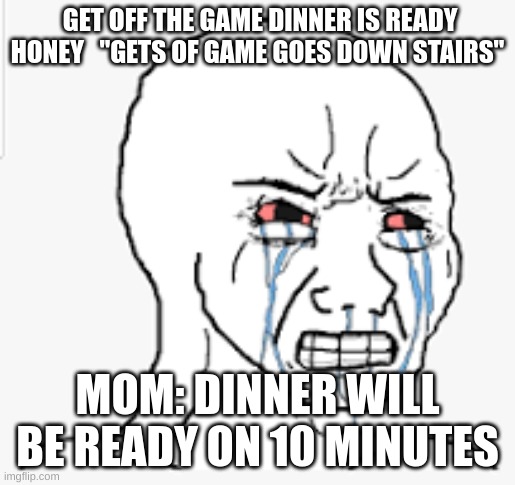 gaming | GET OFF THE GAME DINNER IS READY HONEY   "GETS OF GAME GOES DOWN STAIRS"; MOM: DINNER WILL BE READY ON 10 MINUTES | image tagged in rage | made w/ Imgflip meme maker