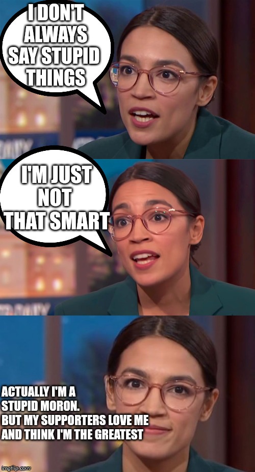 Aoc quotes | I DON'T ALWAYS SAY STUPID 
THINGS; I'M JUST NOT 
THAT SMART; ACTUALLY I'M A STUPID MORON.
BUT MY SUPPORTERS LOVE ME
AND THINK I'M THE GREATEST | image tagged in aoc dialog,funny memes | made w/ Imgflip meme maker