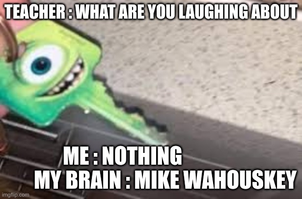 Mike wahouskey | TEACHER : WHAT ARE YOU LAUGHING ABOUT; ME : NOTHING                      MY BRAIN : MIKE WAHOUSKEY | image tagged in mike wahouskey | made w/ Imgflip meme maker