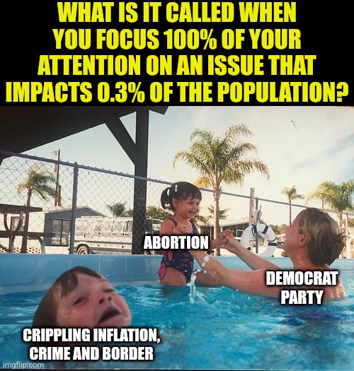 Number of Democrat politicals ads that mention abortion? 100%. US population that gets an abortion? 0.3%! WTF?! | WHAT IS IT CALLED WHEN YOU FOCUS 100% OF YOUR ATTENTION ON AN ISSUE THAT IMPACTS 0.3% OF THE POPULATION? DEMOCRAT PARTY; ABORTION; CRIPPLING INFLATION, CRIME AND BORDER | image tagged in drowning kid in the pool,inflation,stupid liberals,abortion,numbers,misinformation | made w/ Imgflip meme maker