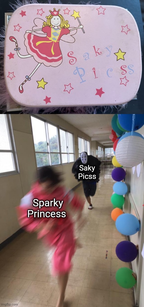 Saky Picss | Saky Picss; Sparky Princess | image tagged in black chasing red,princess,you had one job,memes,princesses,words | made w/ Imgflip meme maker