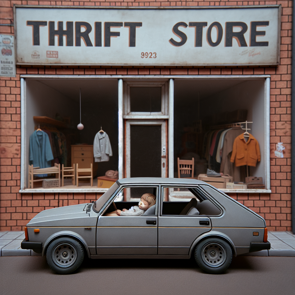 kid sitting in a car by a thrift store Blank Meme Template