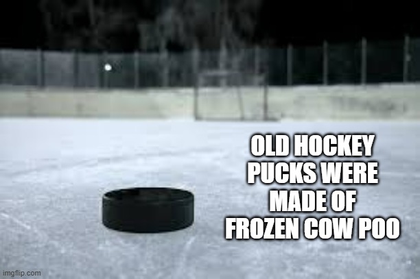 memes by Brad - In the old days hockey pucks were made of frozen cow poo | OLD HOCKEY PUCKS WERE MADE OF FROZEN COW POO | image tagged in sports,funny,ice hockey,historical meme,humor,hockey | made w/ Imgflip meme maker