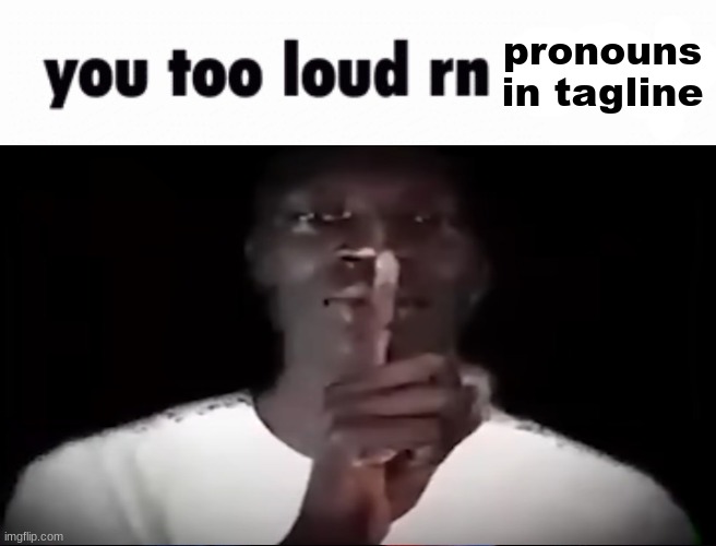 You too loud rn | pronouns in tagline | image tagged in you too loud rn | made w/ Imgflip meme maker