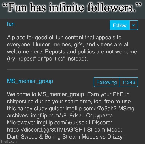 “Fun has infinite followers.” | made w/ Imgflip meme maker