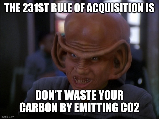 Nog Deep Space Nine DS9 Ferengi | THE 231ST RULE OF ACQUISITION IS; DON’T WASTE YOUR CARBON BY EMITTING CO2 | image tagged in nog deep space nine ds9 ferengi | made w/ Imgflip meme maker