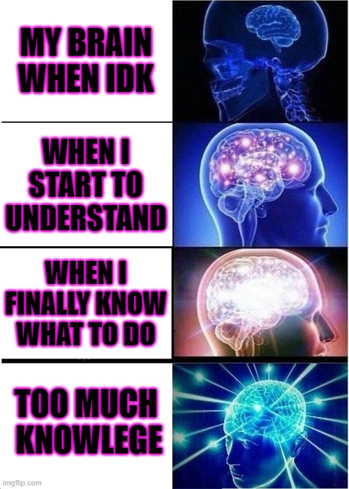 my brain in science | MY BRAIN WHEN IDK; WHEN I START TO UNDERSTAND; WHEN I FINALLY KNOW WHAT TO DO; TOO MUCH  KNOWLEGE | image tagged in memes,expanding brain | made w/ Imgflip meme maker