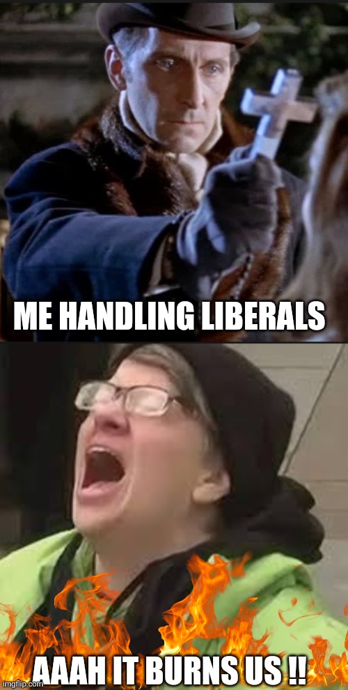 liberal memes | ME HANDLING LIBERALS; AAAH IT BURNS US !! | image tagged in christianity | made w/ Imgflip meme maker