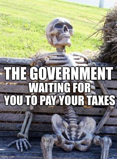 everyone | THE GOVERNMENT; WAITING FOR YOU TO PAY YOUR TAXES | image tagged in memes,waiting skeleton | made w/ Imgflip meme maker