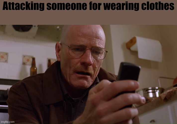 Walter White on his Phone | Attacking someone for wearing clothes | image tagged in walter white on his phone | made w/ Imgflip meme maker