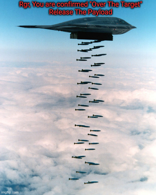 B2 bombing run | Rgr, You are confirmed "Over The Target"
Release The Payload | image tagged in b2 bombing run | made w/ Imgflip meme maker