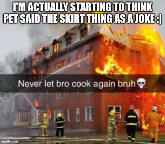 Never let  bro cook again bruh | I'M ACTUALLY STARTING TO THINK PET SAID THE SKIRT THING AS A JOKE :| | image tagged in never let bro cook again bruh | made w/ Imgflip meme maker