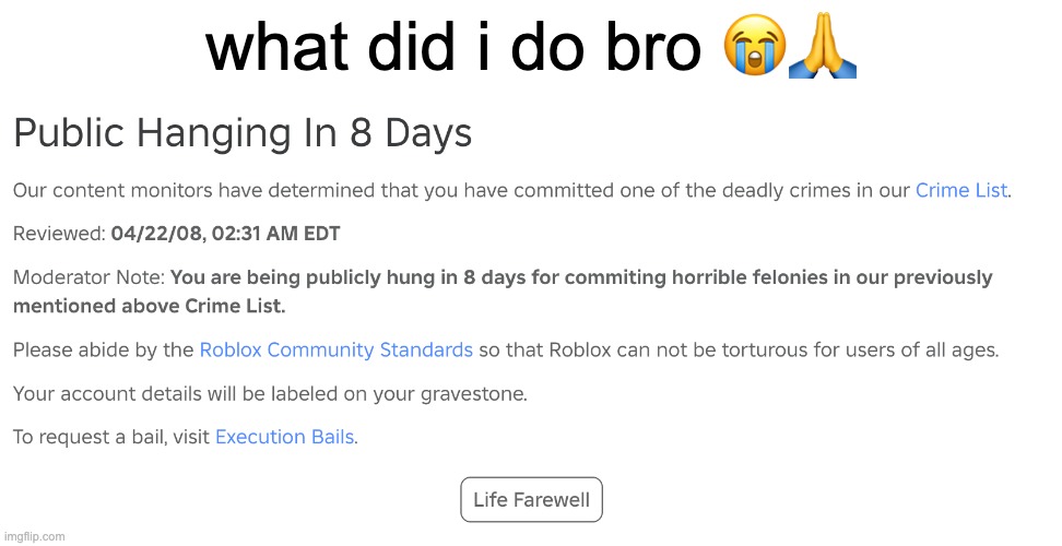 farewell ig | what did i do bro 😭🙏 | image tagged in memes,funny,funny memes,roblox,banned from roblox,fun | made w/ Imgflip meme maker