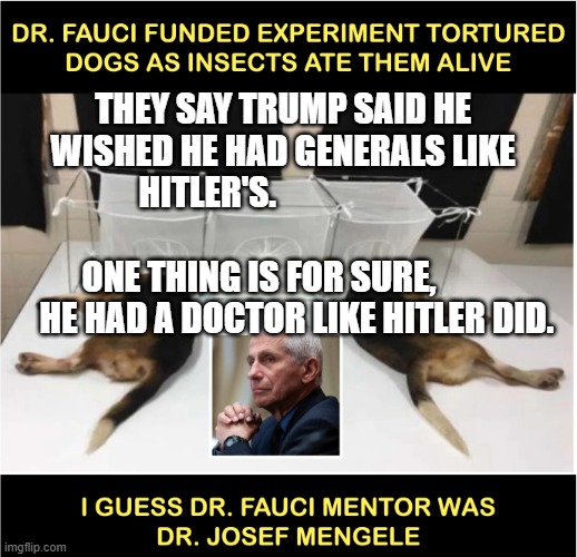 Fauci torturing dogs | THEY SAY TRUMP SAID HE WISHED HE HAD GENERALS LIKE HITLER'S.                                                     ONE THING IS FOR SURE,             HE HAD A DOCTOR LIKE HITLER DID. | image tagged in fauci torturing dogs | made w/ Imgflip meme maker