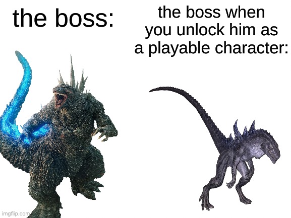 Godzilla minus one vs zilla | image tagged in the boss v s when you unlock him | made w/ Imgflip meme maker