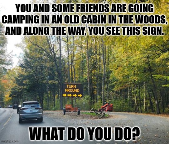 Chichchi... Hahaha... | YOU AND SOME FRIENDS ARE GOING CAMPING IN AN OLD CABIN IN THE WOODS, AND ALONG THE WAY, YOU SEE THIS SIGN. WHAT DO YOU DO? | image tagged in cabin the the woods,horror,friday the 13th,jason voorhees | made w/ Imgflip meme maker