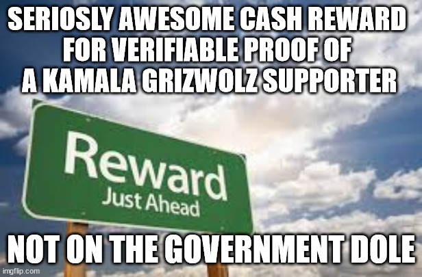 JUST FOLLOWING THE MONEY | SERIOSLY AWESOME CASH REWARD 
FOR VERIFIABLE PROOF OF 
A KAMALA GRIZWOLZ SUPPORTER; NOT ON THE GOVERNMENT DOLE | image tagged in reward,free stuff,kamala harris,parasites | made w/ Imgflip meme maker