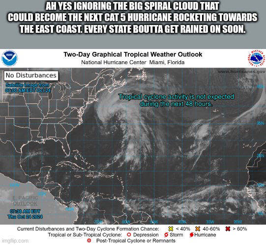 AH YES IGNORING THE BIG SPIRAL CLOUD THAT COULD BECOME THE NEXT CAT 5 HURRICANE ROCKETING TOWARDS THE EAST COAST. EVERY STATE BOUTTA GET RAINED ON SOON. | made w/ Imgflip meme maker