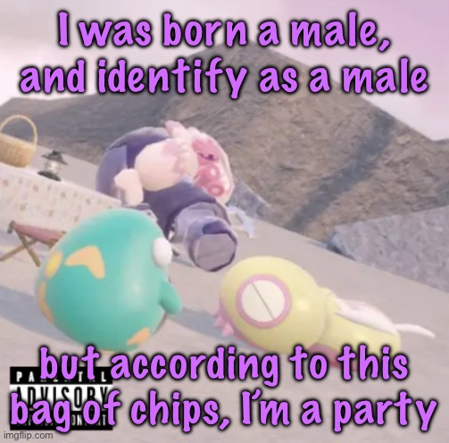 men will see this and think “hell yeah” | I was born a male, and identify as a male; but according to this bag of chips, I’m a party | image tagged in men will see this and think hell yeah | made w/ Imgflip meme maker