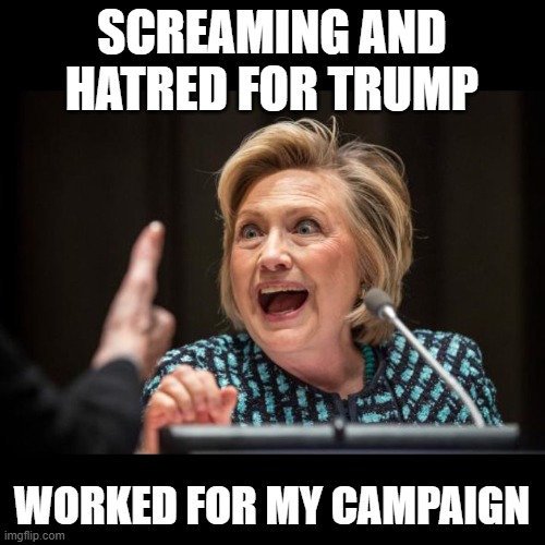 Hillary Clinton | SCREAMING AND HATRED FOR TRUMP WORKED FOR MY CAMPAIGN | image tagged in hillary clinton | made w/ Imgflip meme maker