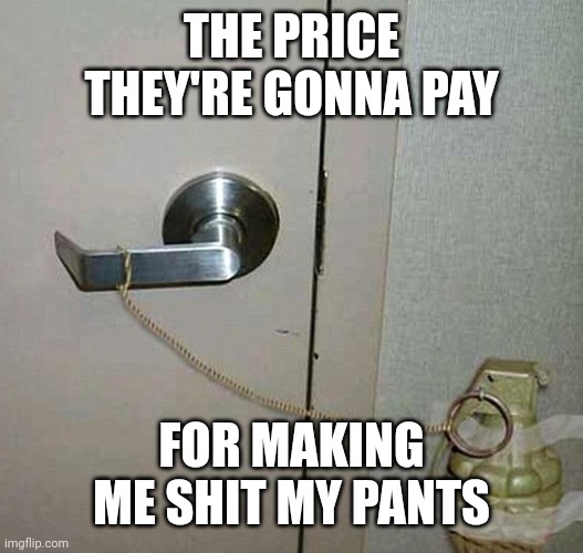 Grenade Door handle | THE PRICE THEY'RE GONNA PAY FOR MAKING ME SHIT MY PANTS | image tagged in grenade door handle | made w/ Imgflip meme maker