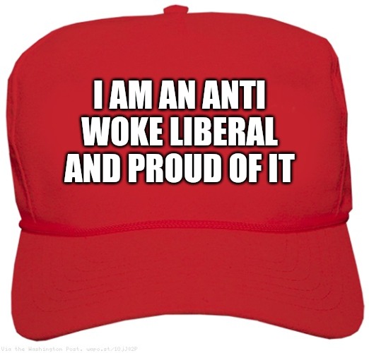 blank red MAGA hat | I AM AN ANTI WOKE LIBERAL AND PROUD OF IT | image tagged in blank red maga hat | made w/ Imgflip meme maker