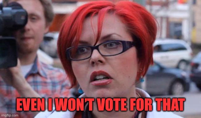 Angry Feminist | EVEN I WON’T VOTE FOR THAT | image tagged in angry feminist | made w/ Imgflip meme maker