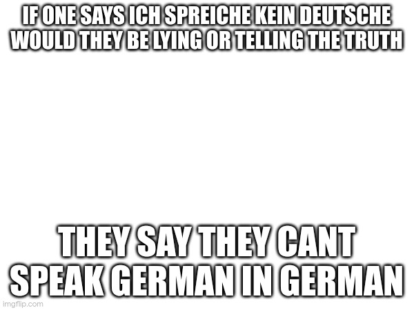 IF ONE SAYS ICH SPREICHE KEIN DEUTSCHE WOULD THEY BE LYING OR TELLING THE TRUTH; THEY SAY THEY CANT SPEAK GERMAN IN GERMAN | made w/ Imgflip meme maker