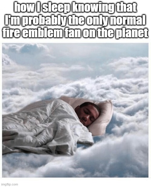 fire emblem fans are so f*cking weird dude... | how I sleep knowing that I'm probably the only normal fire emblem fan on the planet | image tagged in how i sleep knowing | made w/ Imgflip meme maker