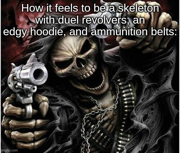 Relatable as flip chat | How it feels to be a skeleton with duel revolvers, an edgy hoodie, and ammunition belts: | image tagged in badass skeleton | made w/ Imgflip meme maker