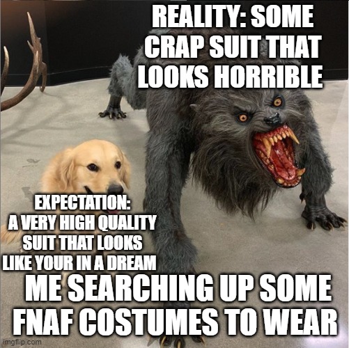 have u guys seen there costumes | REALITY: SOME CRAP SUIT THAT LOOKS HORRIBLE; EXPECTATION: A VERY HIGH QUALITY SUIT THAT LOOKS LIKE YOUR IN A DREAM; ME SEARCHING UP SOME FNAF COSTUMES TO WEAR | image tagged in dog vs werewolf | made w/ Imgflip meme maker