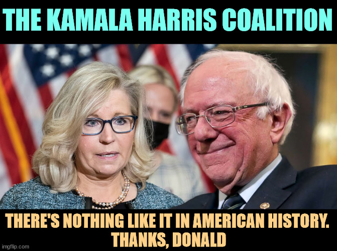 Liz and Dick Cheney, AOC and Bernie have all come together to fight fascism. | THE KAMALA HARRIS COALITION; THERE'S NOTHING LIKE IT IN AMERICAN HISTORY. 
THANKS, DONALD | image tagged in kamala harris,liz cheney,bernie sanders,coalition,united states,fascism | made w/ Imgflip meme maker