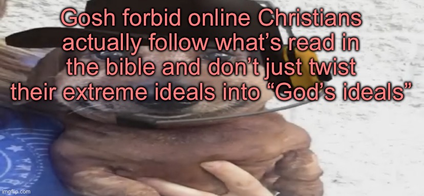 chucklenuts | Gosh forbid online Christians actually follow what’s read in the bible and don’t just twist their extreme ideals into “God’s ideals” | image tagged in chucklenuts | made w/ Imgflip meme maker