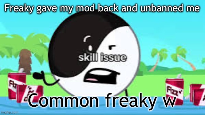 Skill issue | Freaky gave my mod back and unbanned me; Common freaky w | image tagged in skill issue | made w/ Imgflip meme maker