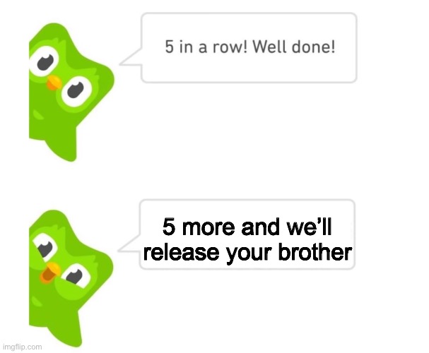 Duolingo 5 days | 5 more and we’ll release your brother | image tagged in duolingo 5 days | made w/ Imgflip meme maker