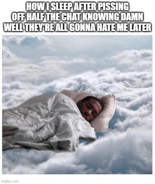 Common Cosmo L | HOW I SLEEP AFTER PISSING OFF HALF THE CHAT KNOWING DAMN WELL THEY'RE ALL GONNA HATE ME LATER | image tagged in how i sleep knowing | made w/ Imgflip meme maker