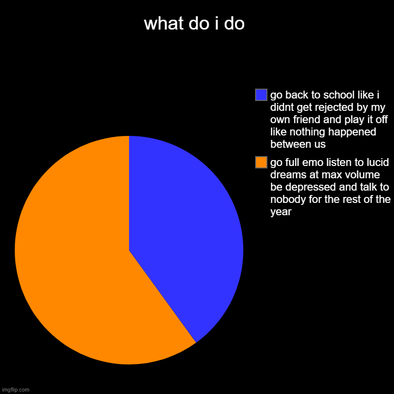 what do i do | go full emo listen to lucid dreams at max volume be depressed and talk to nobody for the rest of the year, go back to school  | image tagged in charts,pie charts | made w/ Imgflip chart maker