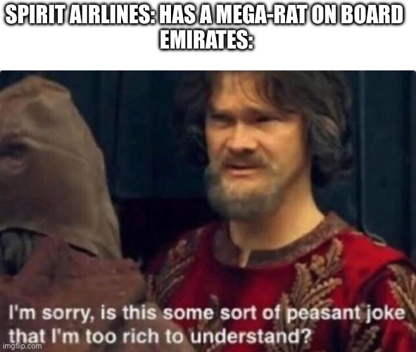 Am I the only one who wants to fly Emirates first class one day? | SPIRIT AIRLINES: HAS A MEGA-RAT ON BOARD 
EMIRATES: | image tagged in is this some kind of peasant joke i'm too rich to understand,spirit airlines,emirates,airlines,rich,funny | made w/ Imgflip meme maker