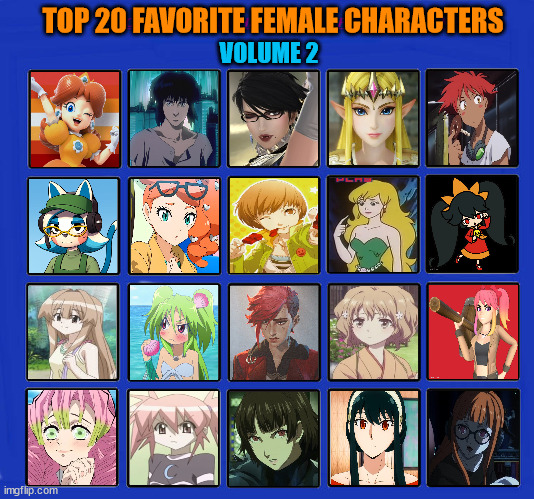 top 20 female characters of all time volume 2 | TOP 20 FAVORITE FEMALE CHARACTERS; VOLUME 2 | image tagged in 20 female characters of all time,top 10,favorites,videogames,anime,cartoons | made w/ Imgflip meme maker