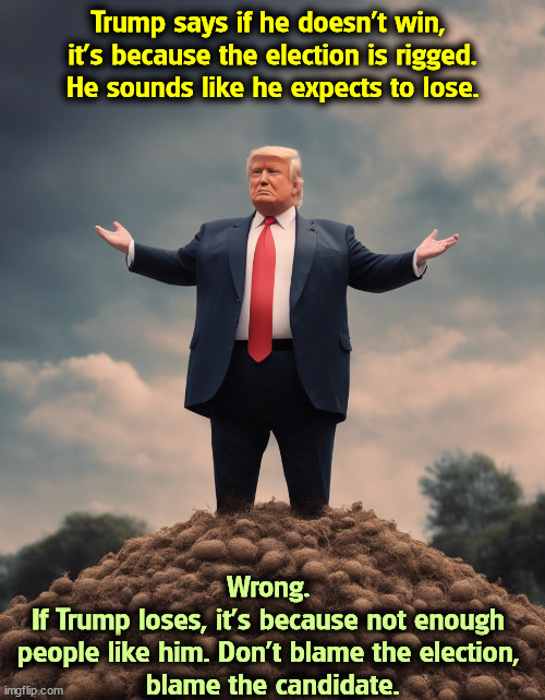 Last time Trump lost, he filed 65 lawsuits claiming fraud. He lost every single one of them. No evidence. Then he tried a coup. | Trump says if he doesn't win, 

it's because the election is rigged.
He sounds like he expects to lose. Wrong. 
If Trump loses, it's because not enough 
people like him. Don't blame the election, 
blame the candidate. | image tagged in trump,voter fraud,election fraud,lies,sore loser | made w/ Imgflip meme maker