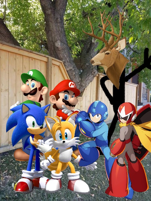 Mario and friends befriend a Deerman | image tagged in fence,crossover,super mario,megaman,sonic the hedgehog,deer | made w/ Imgflip meme maker