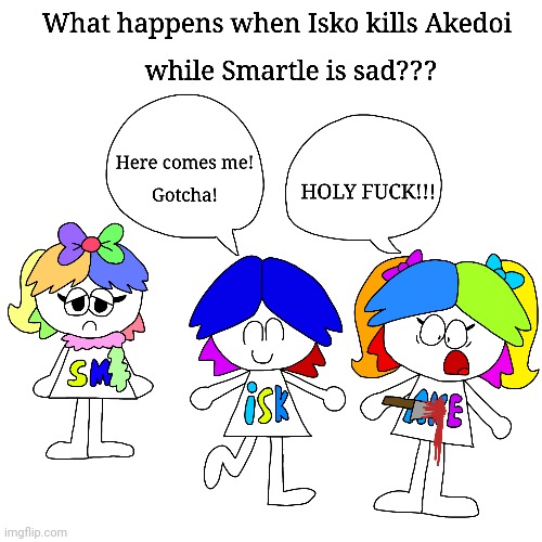 Isko kills Akedoi while Smartle is sad (HAHAHAHAHA) | image tagged in isko,akedoi,smartle,thealphafriends,fanart,blood | made w/ Imgflip meme maker