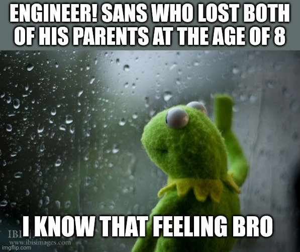 kermit window | ENGINEER! SANS WHO LOST BOTH OF HIS PARENTS AT THE AGE OF 8 I KNOW THAT FEELING BRO | image tagged in kermit window | made w/ Imgflip meme maker