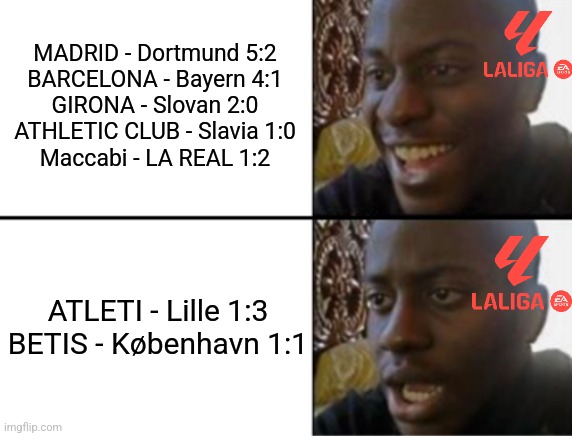 LALIGA EA SPORTS Clubs Reaction to the Last UEFA Competitions Games Results | MADRID - Dortmund 5:2
BARCELONA - Bayern 4:1
GIRONA - Slovan 2:0
ATHLETIC CLUB - Slavia 1:0
Maccabi - LA REAL 1:2; ATLETI - Lille 1:3
BETIS - København 1:1 | image tagged in oh yeah oh no,barcelona,real madrid,atletico madrid,athletic,spain | made w/ Imgflip meme maker