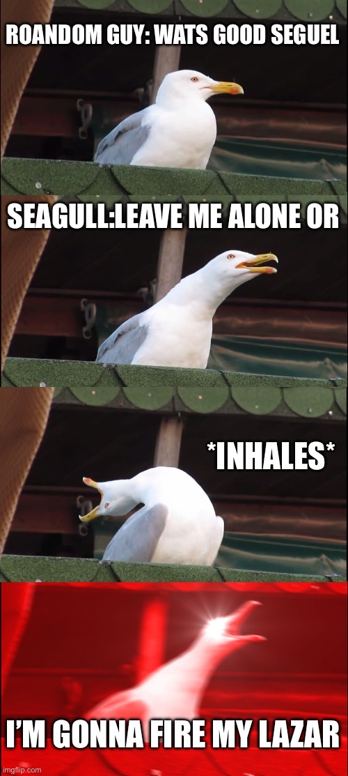 Inhaling Seagull Meme | ROANDOM GUY: WATS GOOD SEGUEL; SEAGULL:LEAVE ME ALONE OR; *INHALES*; I’M GONNA FIRE MY LAZAR | image tagged in memes,inhaling seagull | made w/ Imgflip meme maker