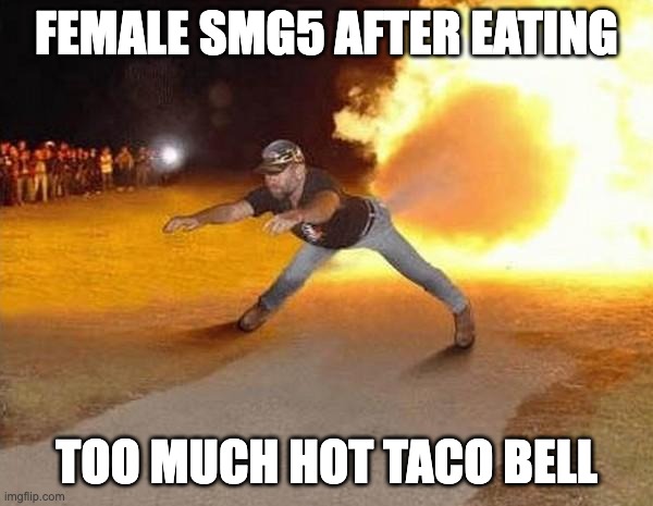 she sure likes her beans! | FEMALE SMG5 AFTER EATING; TOO MUCH HOT TACO BELL | image tagged in fire fart | made w/ Imgflip meme maker