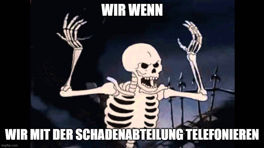 Spooky Skeleton | WIR WENN; WIR MIT DER SCHADENABTEILUNG TELEFONIEREN | image tagged in spooky skeleton | made w/ Imgflip meme maker