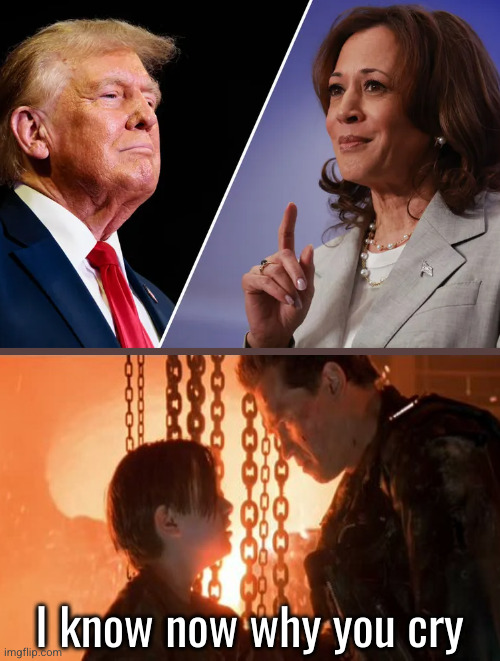 If you don't laugh, you'll cry | I know now why you cry | image tagged in harris-v-trump,us politics,cry,terminator | made w/ Imgflip meme maker