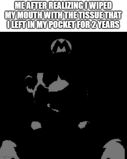 oh shi- | ME AFTER REALIZING I WIPED MY MOUTH WITH THE TISSUE THAT I LEFT IN MY POCKET FOR 2 YEARS | image tagged in tissue,memes,meme,funny,mario,depressed mario | made w/ Imgflip meme maker